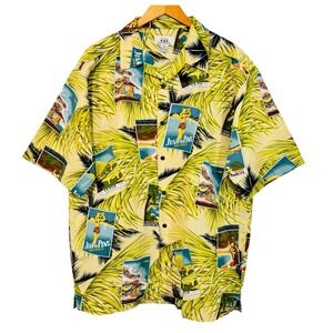 K.A.D Shirt Men XL Yellow French Riviera Postcard Palm Tropical Camp Art Beachy